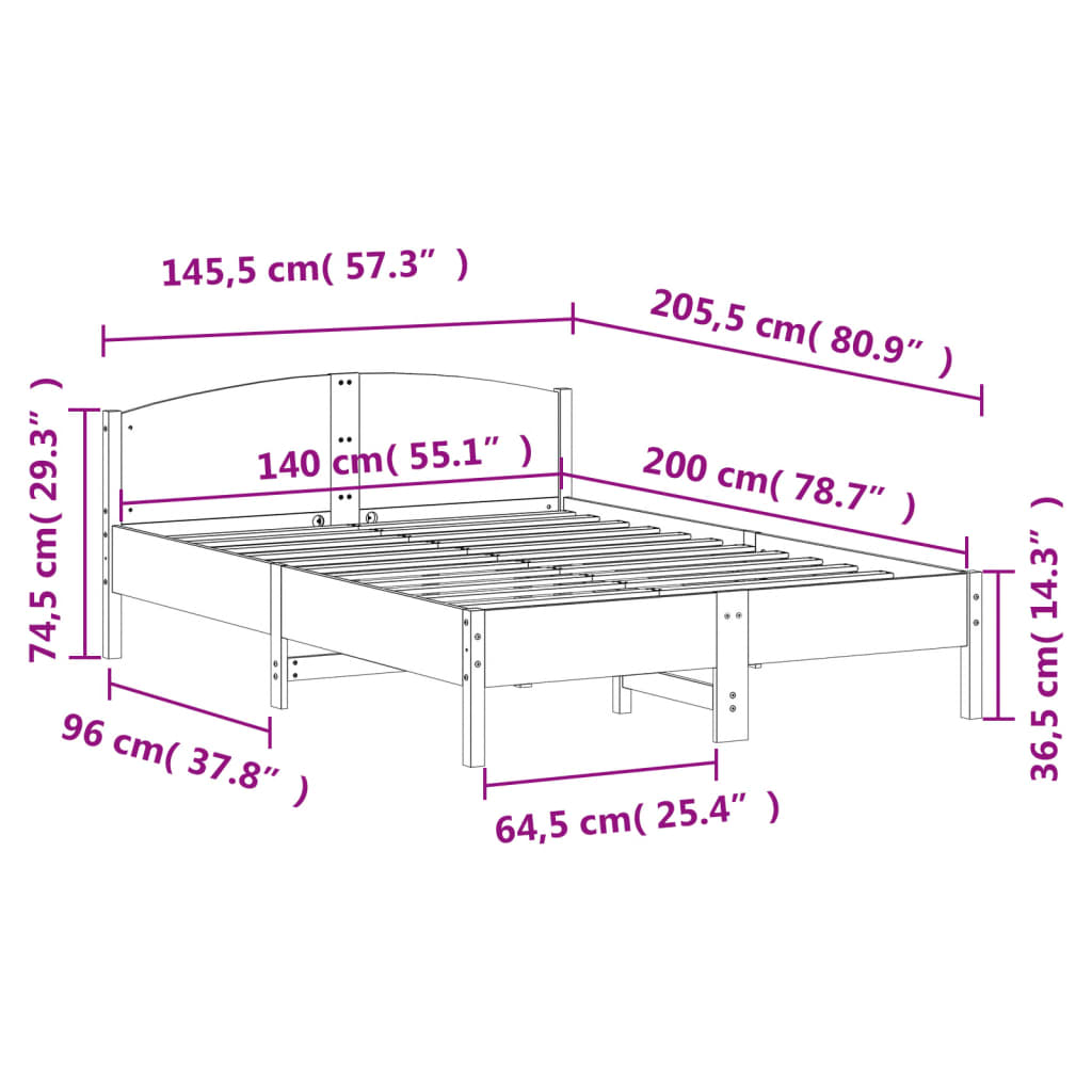 Bedframe met hoofdbord massief grenenhout wit 140x200 cm