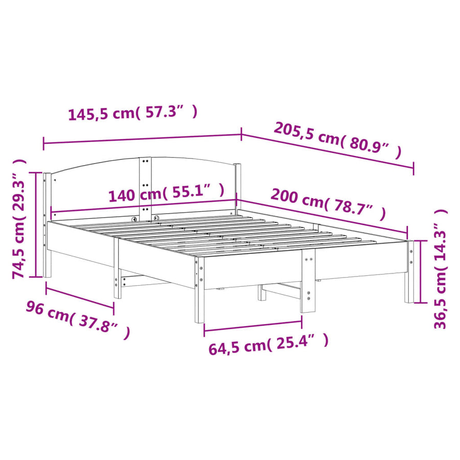 Bedframe met hoofdbord massief grenenhout wit 140x200 cm