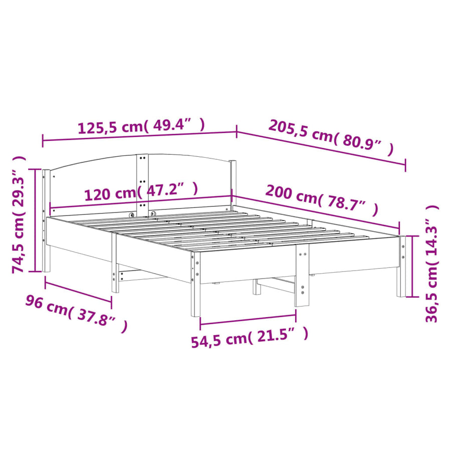 Bedframe met hoofdbord massief grenenhout 120x200 cm