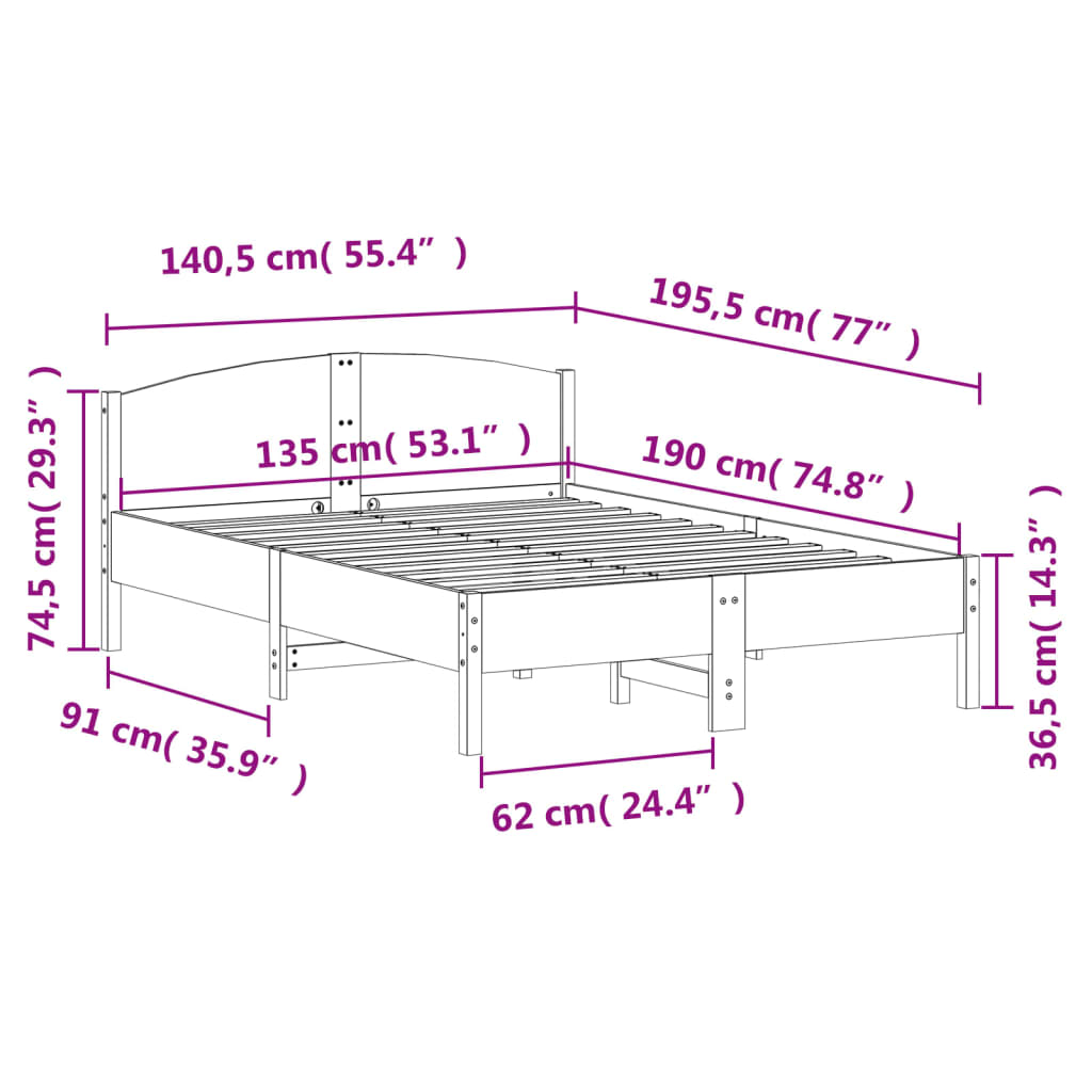 Bedframe met hoofdbord massief grenenhout wit 135x190 cm
