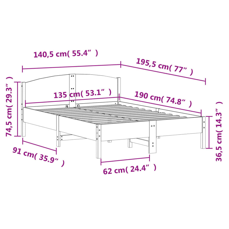 Bedframe met hoofdbord massief grenenhout wit 135x190 cm