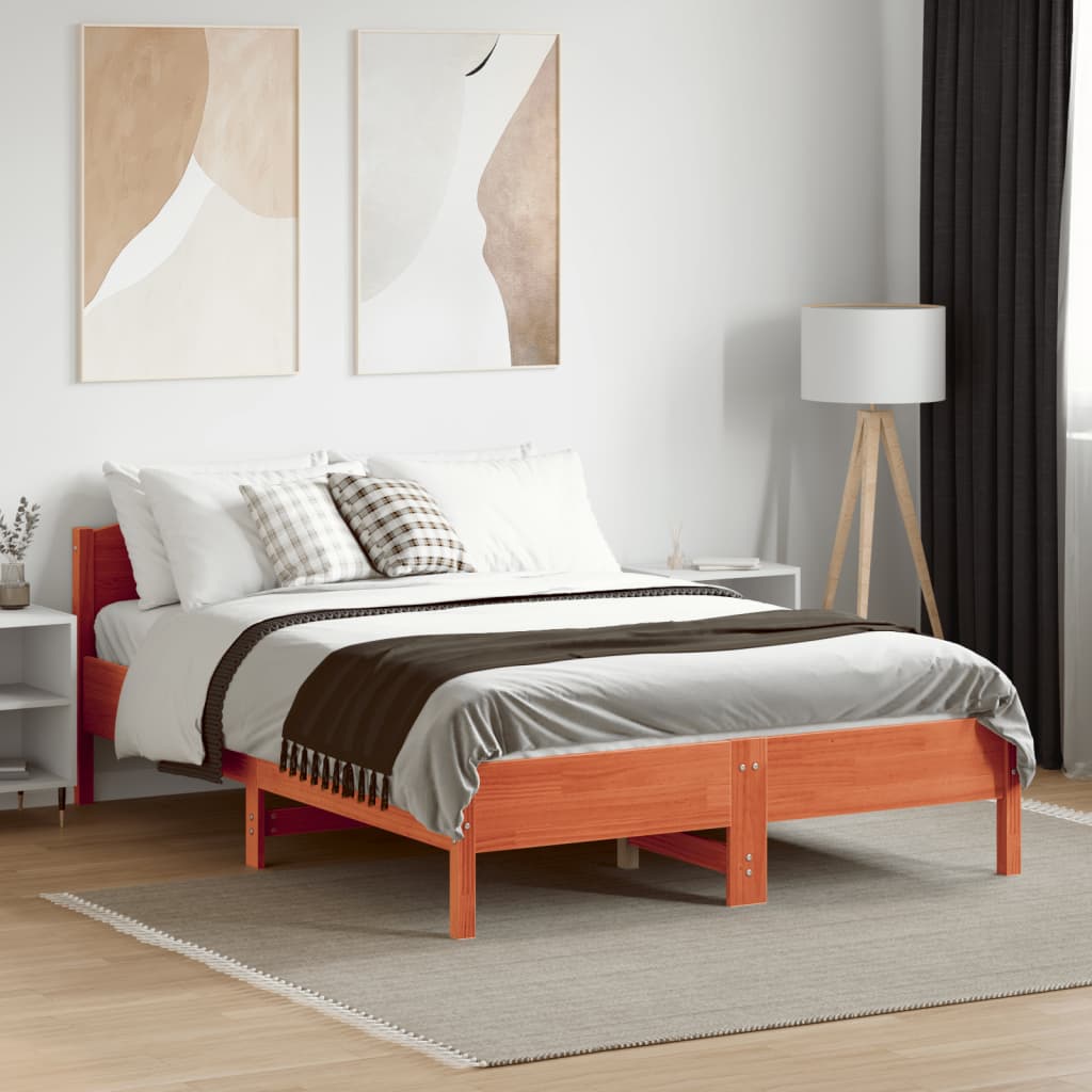 Bedframe Met Hoofdbord Massief Grenenhout Was Bruin 135 x 190 cm