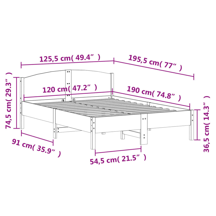 Bedframe met hoofdbord massief grenenhout 120x190 cm