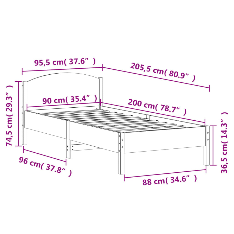 Bedframe met hoofdbord massief grenenhout wit 90x200 cm