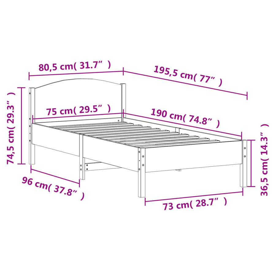 Bedframe met hoofdbord massief grenenhout wasbruin 75x190 cm 75 x 190 cm Bruin