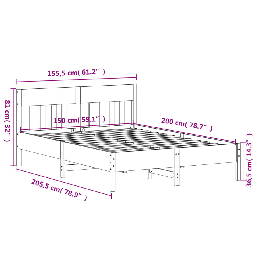 Bedframe met hoofdbord massief grenenhout 150x200 cm