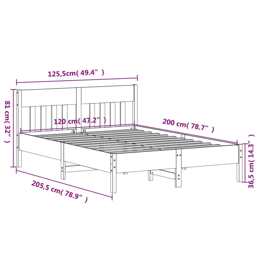 Bedframe met hoofdbord massief grenenhout 120x200 cm