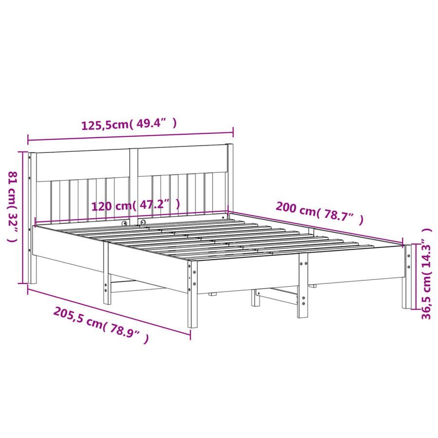 Bedframe Met Hoofdbord Massief Grenenhout Was Bruin 120 x 200 cm