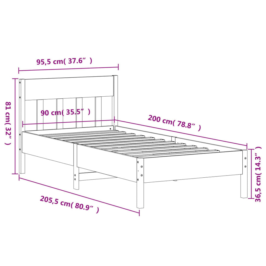Bedframe met hoofdbord massief grenenhout 90x200 cm