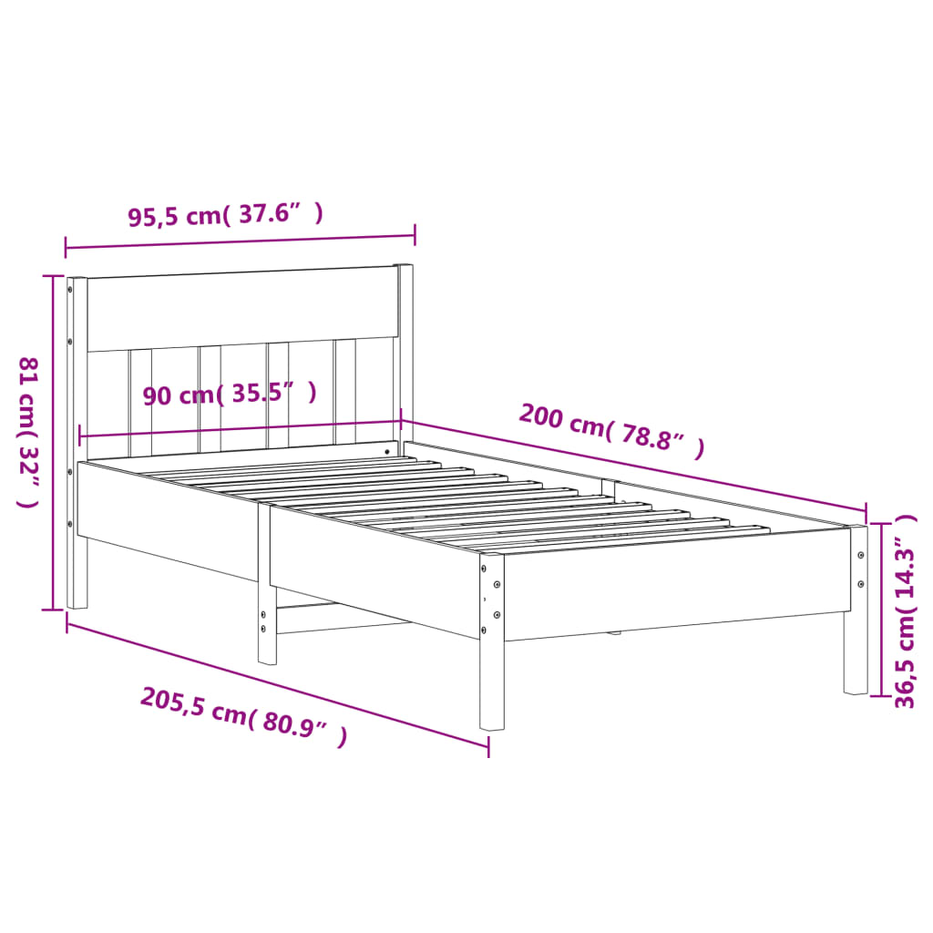 Bedframe Met Hoofdbord Massief Grenenhout Was Bruin 90 x 200 cm