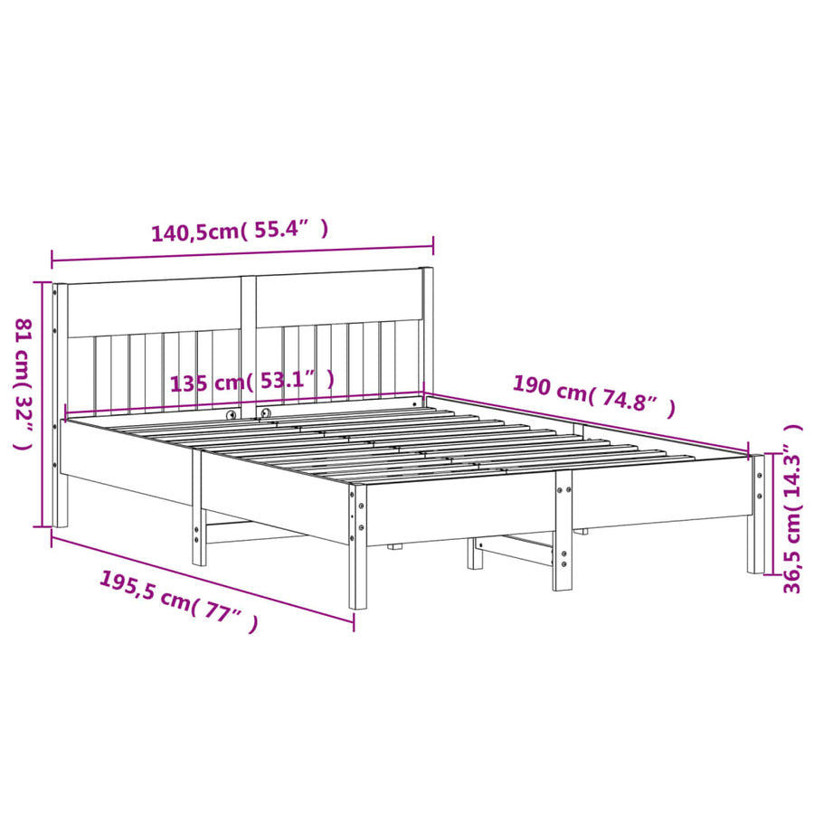 Bedframe met hoofdbord massief grenenhout wit 135x190 cm