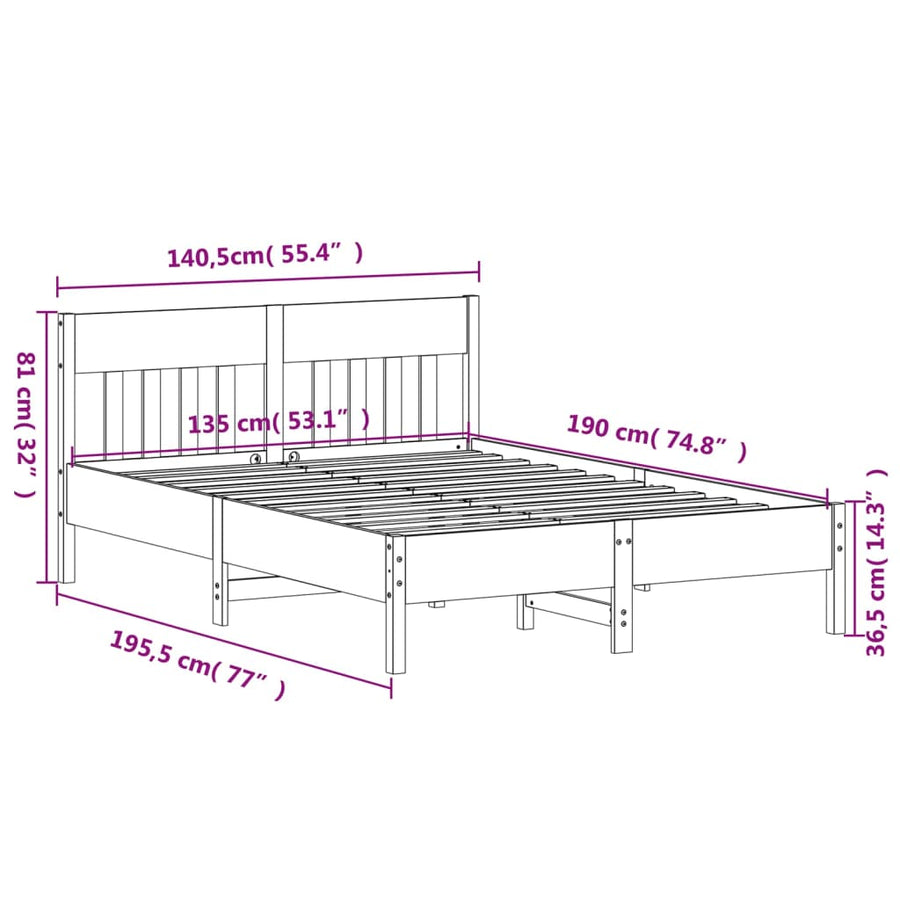 Bedframe Met Hoofdbord Massief Grenenhout Was Bruin 135 x 190 cm