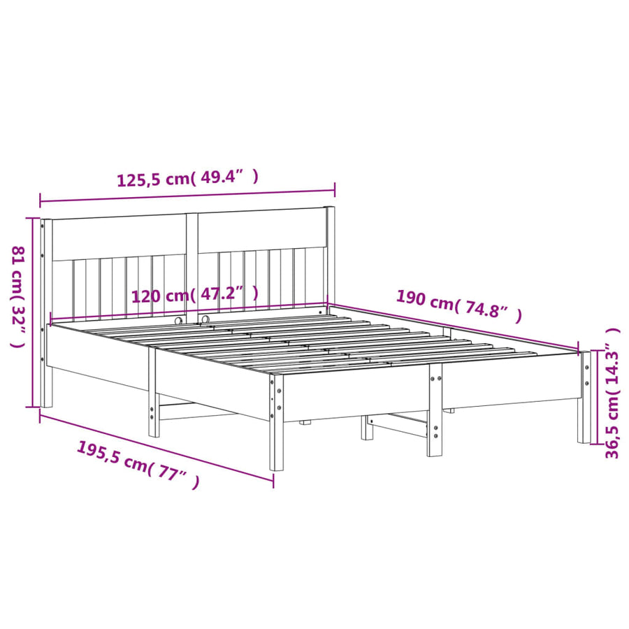 Bedframe Met Hoofdbord Massief Grenenhout Was Bruin 120 x 190 cm