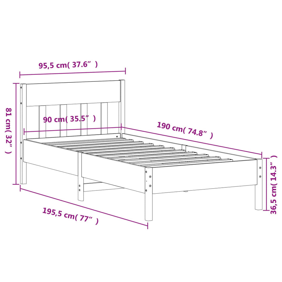 Bedframe met hoofdbord massief grenenhout wasbruin 90x190 cm 90 x 190 cm Bruin