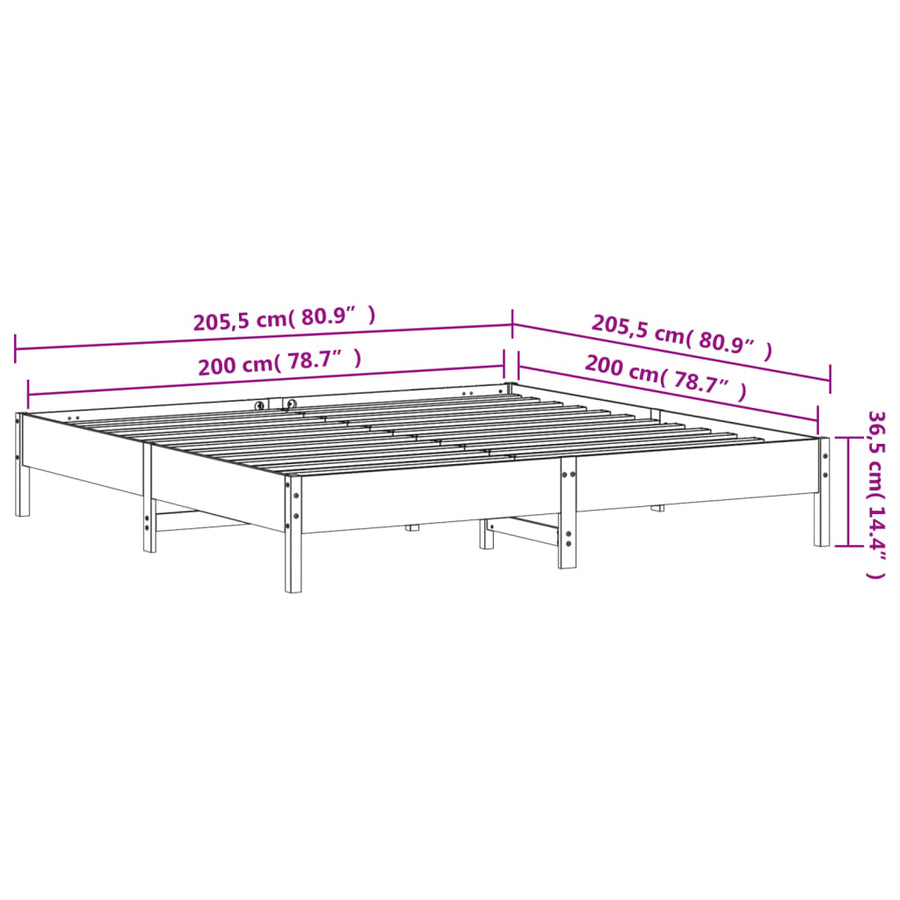 Bedframe massief grenenhout wit 200x200 cm