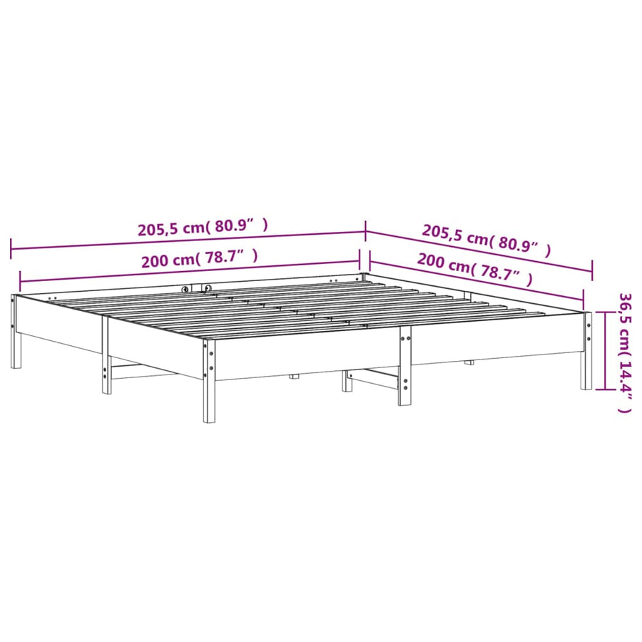 Bedframe massief grenenhout wasbruin 200x200 cm