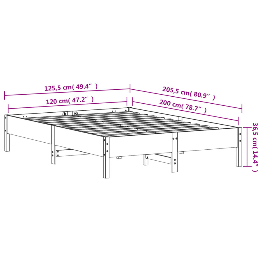 Bedframe massief grenenhout wasbruin 120x200 cm
