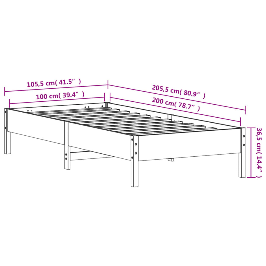 Bedframe massief grenenhout wit 100x200 cm