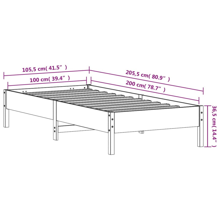 Bedframe massief grenenhout wasbruin 100x200 cm