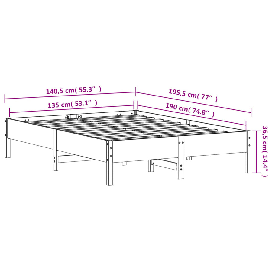 Bedframe massief grenenhout wit 135x190 cm