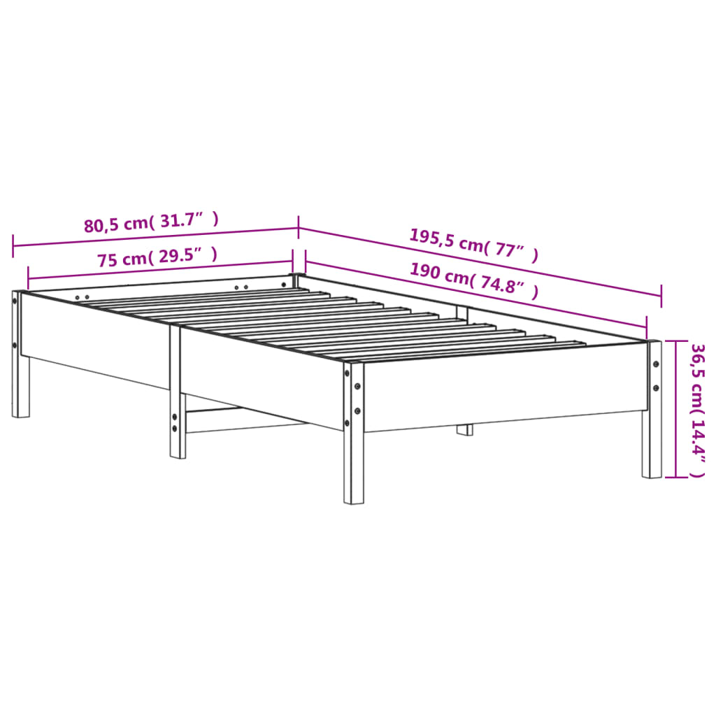 Bedframe massief grenenhout wasbruin 75x190 cm