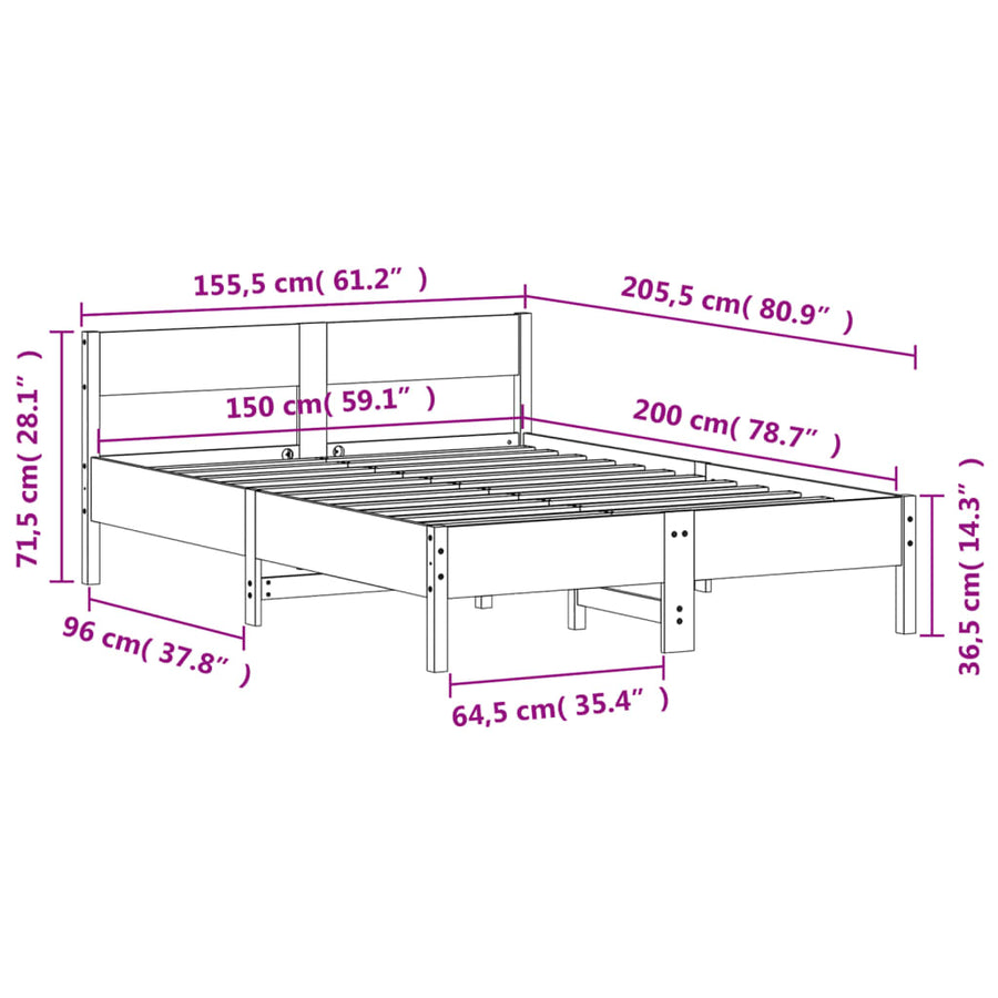 Bedframe met hoofdbord massief grenenhout wit 150x200 cm