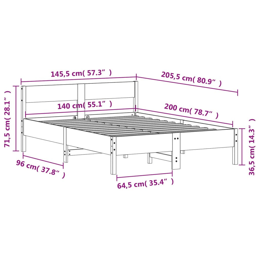 Bedframe met hoofdbord massief grenenhout wit 140x200 cm