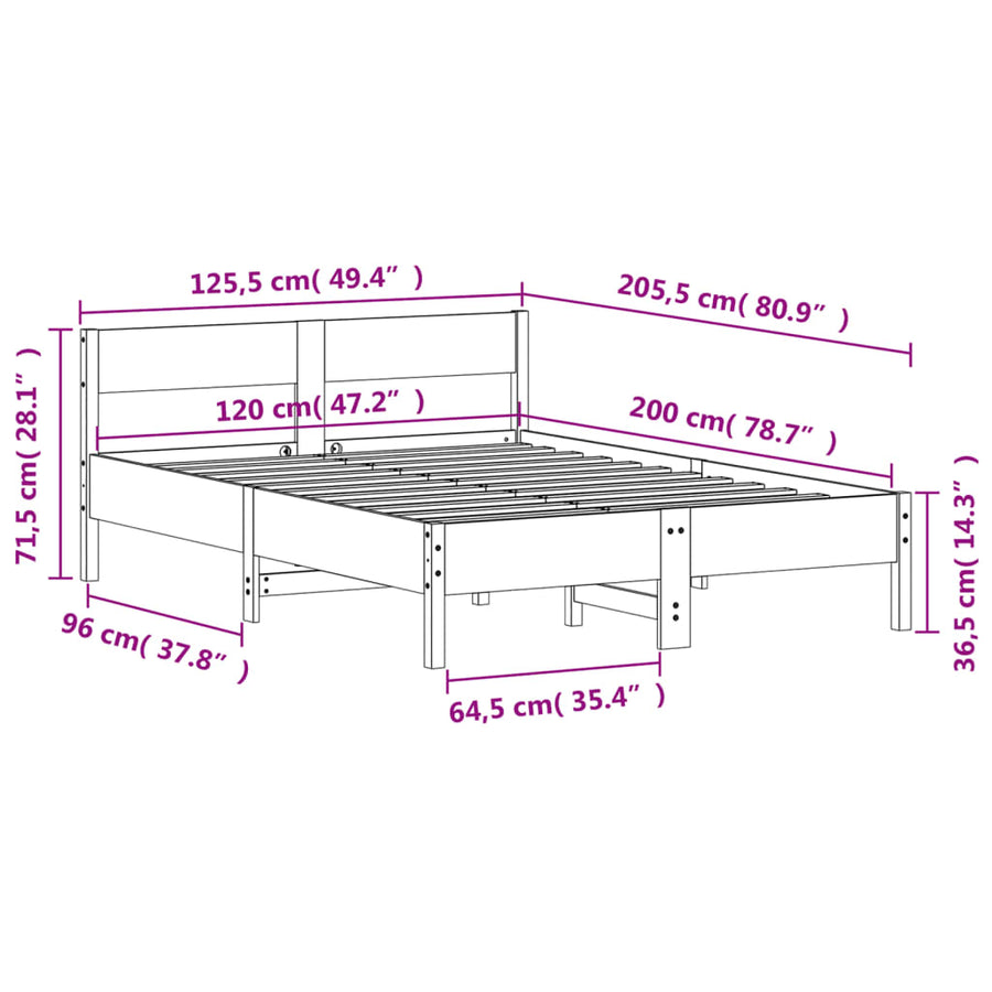 Bedframe met hoofdbord massief grenenhout 120x200 cm 120 x 200 cm