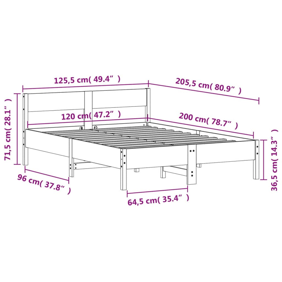 Bedframe met hoofdbord massief grenenhout wit 120x200 cm