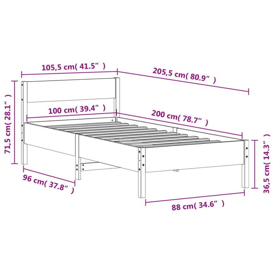 Bedframe met hoofdeinde 100x200 cm massief grenenhout wit