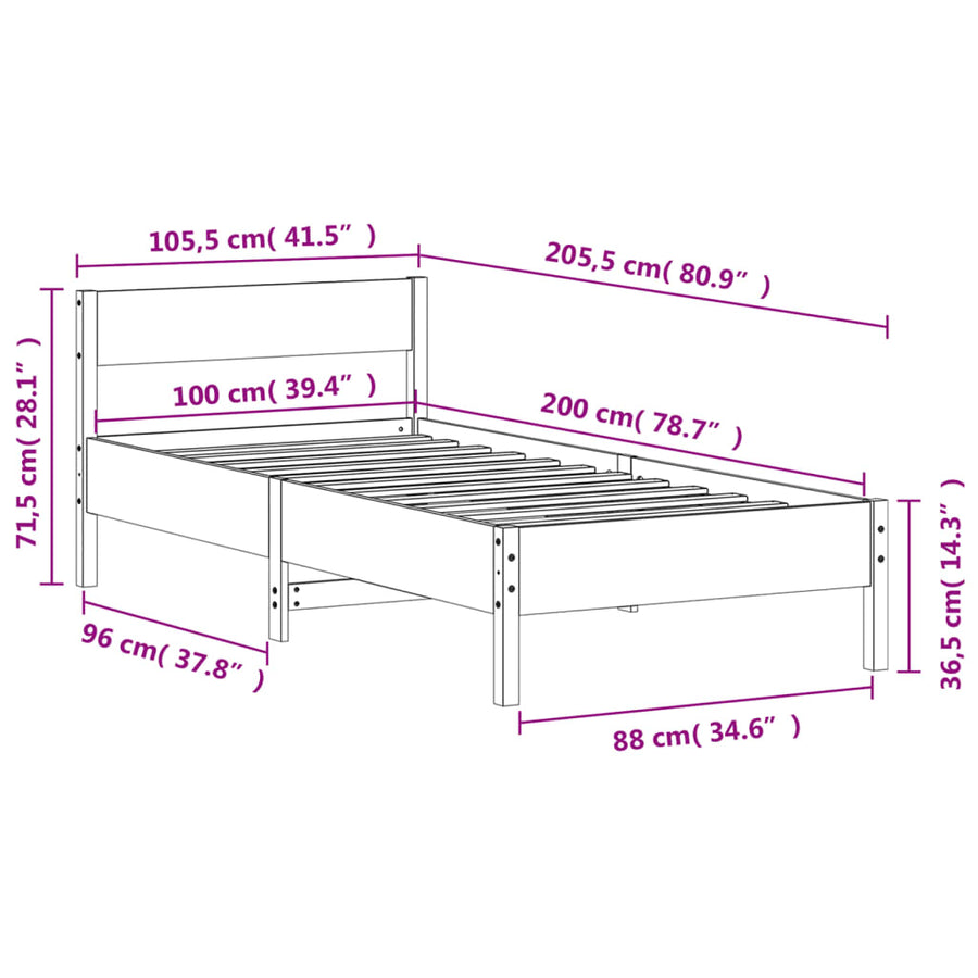 Bedframe met hoofdbord massief grenenhout wasbruin 100x200 cm