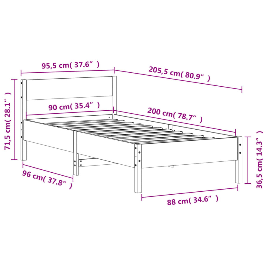 Bedframe met hoofdbord massief grenenhout wasbruin 90x200 cm