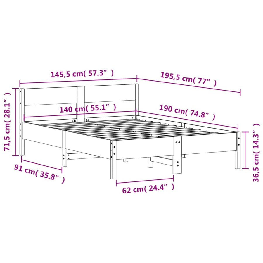 Bedframe met hoofdbord massief grenenhout 140x190 cm