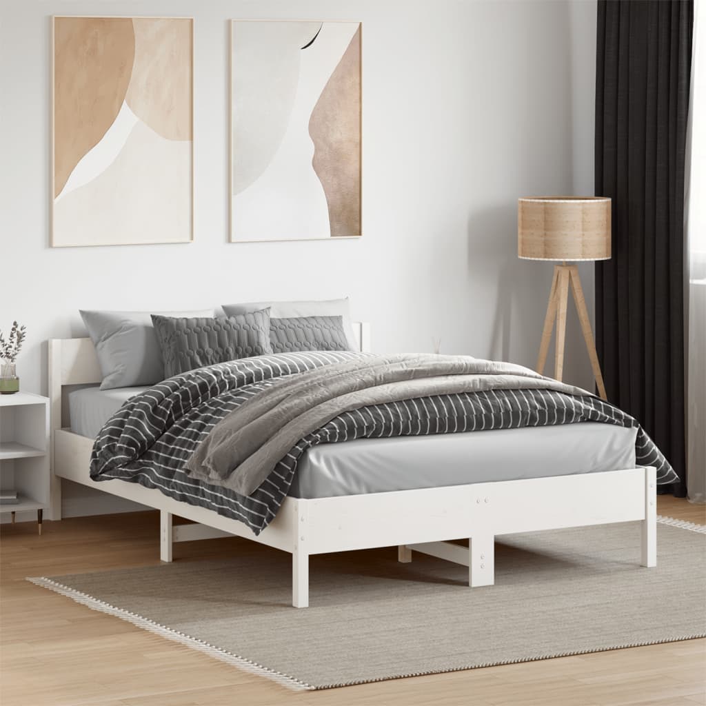 Bedframe met hoofdbord massief grenenhout wit 140x190 cm