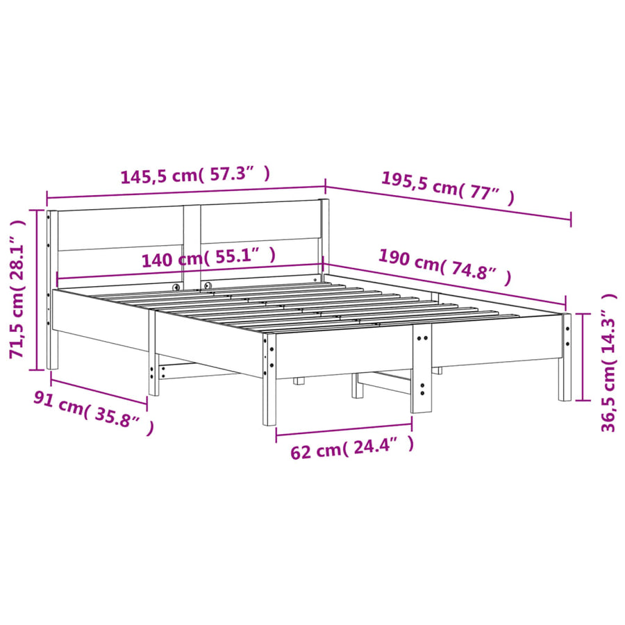 Bedframe met hoofdbord massief grenenhout wit 140x190 cm
