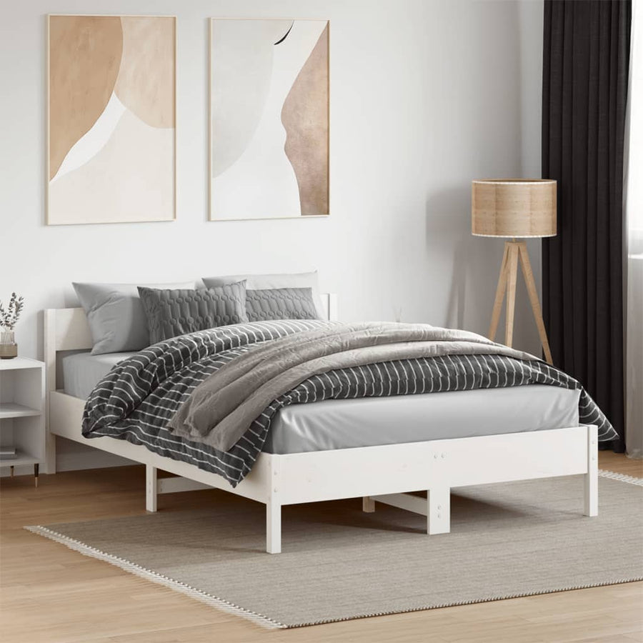 Bedframe met hoofdbord massief grenenhout wit 135x190 cm