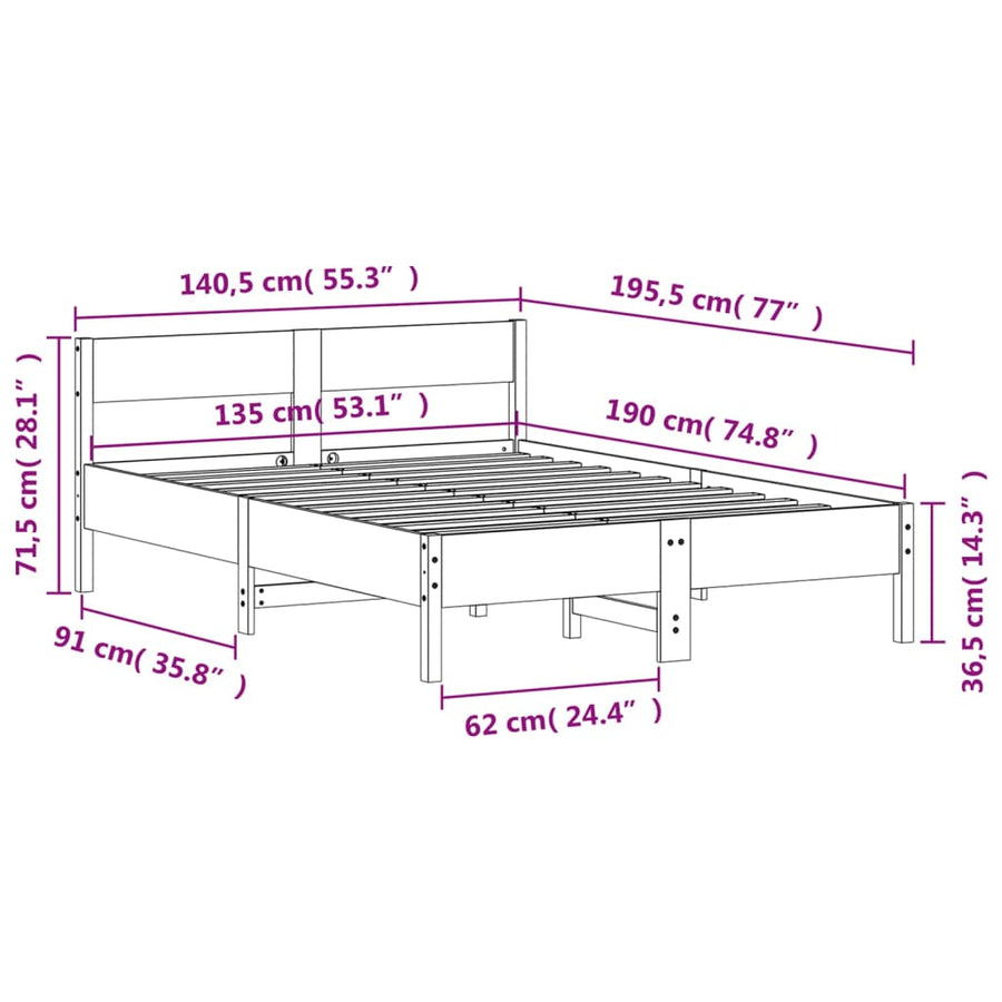 Bedframe met hoofdbord massief grenenhout wit 135x190 cm