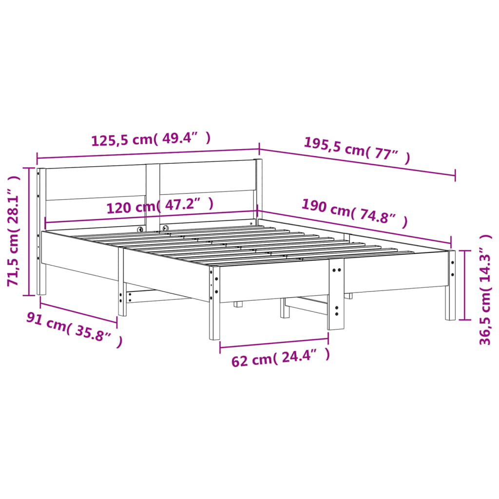 Bedframe met hoofdbord massief grenenhout 120x190 cm