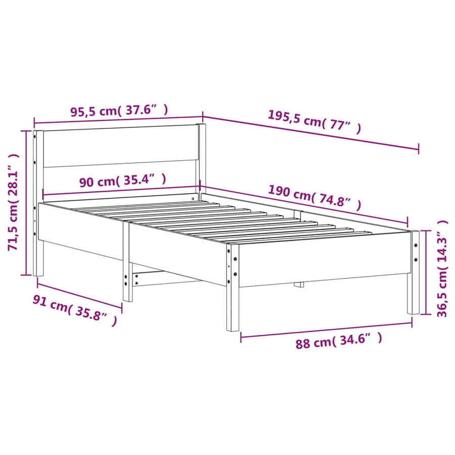 Bedframe met hoofdbord massief grenenhout wit 90x190 cm