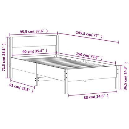 Bedframe met hoofdbord massief grenenhout wasbruin 90x190 cm