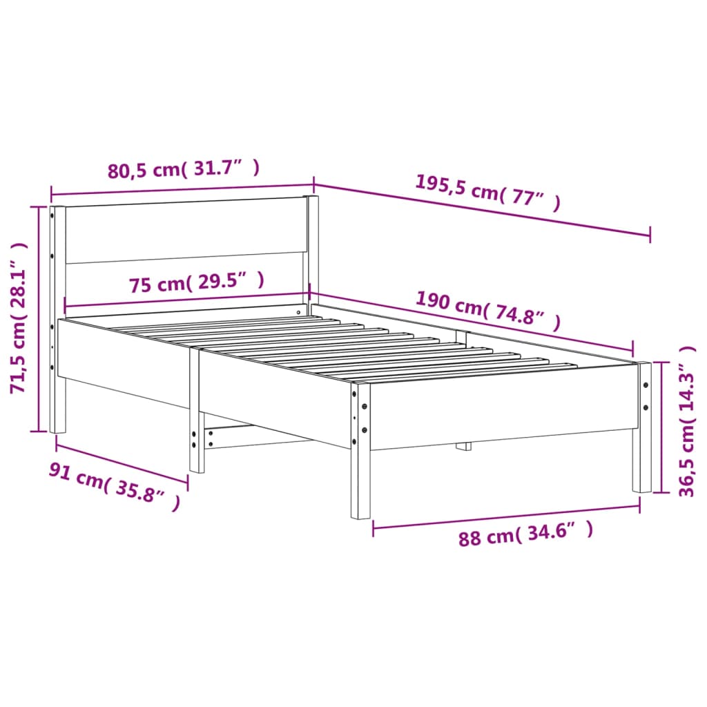 Bedframe met hoofdbord massief grenenhout 75x190 cm 75 x 190 cm