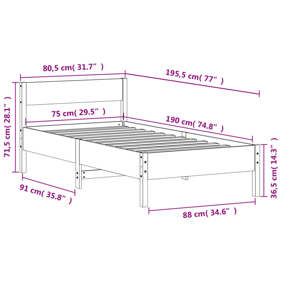 Bedframe met hoofdbord massief grenenhout wit 75x190 cm
