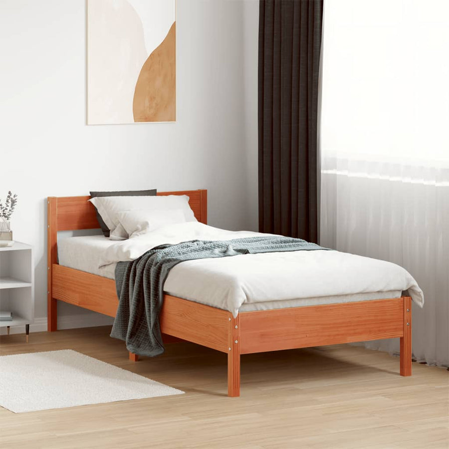 Bedframe met hoofdbord massief grenenhout wasbruin 75x190 cm