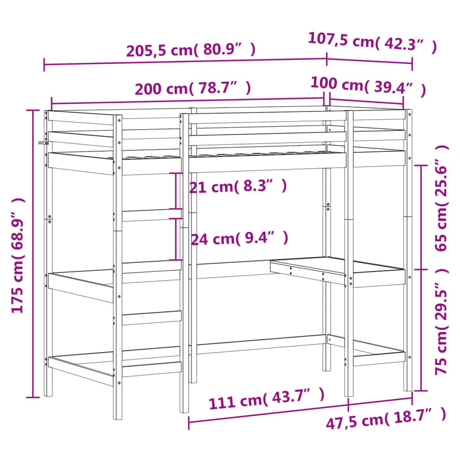 Hoogslaper Mer Bureau Massief Grenenhout 100 x 200 cm Naturel