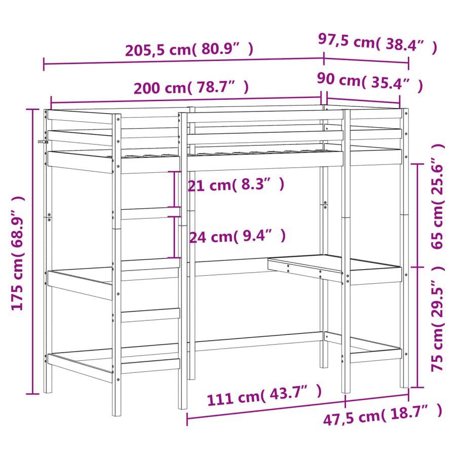 Hoogslaper Met Bureau Massief Grenenhout Naturel 90 x 200 cm