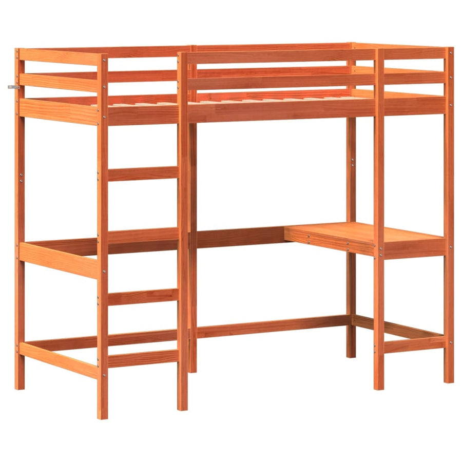 Hoogslaper met bureau massief grenenhout wasbruin 90x200 cm 90 x 200 cm Bruin