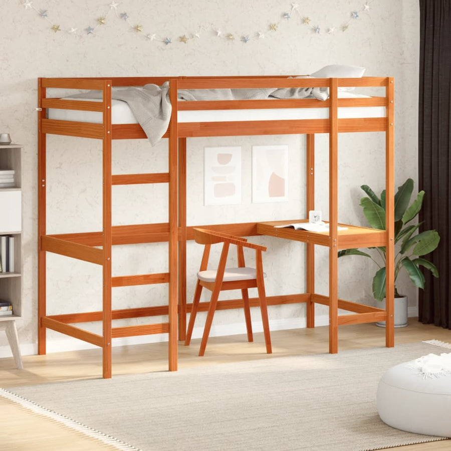 Hoogslaper met bureau massief grenenhout wasbruin 90x200 cm 90 x 200 cm Bruin