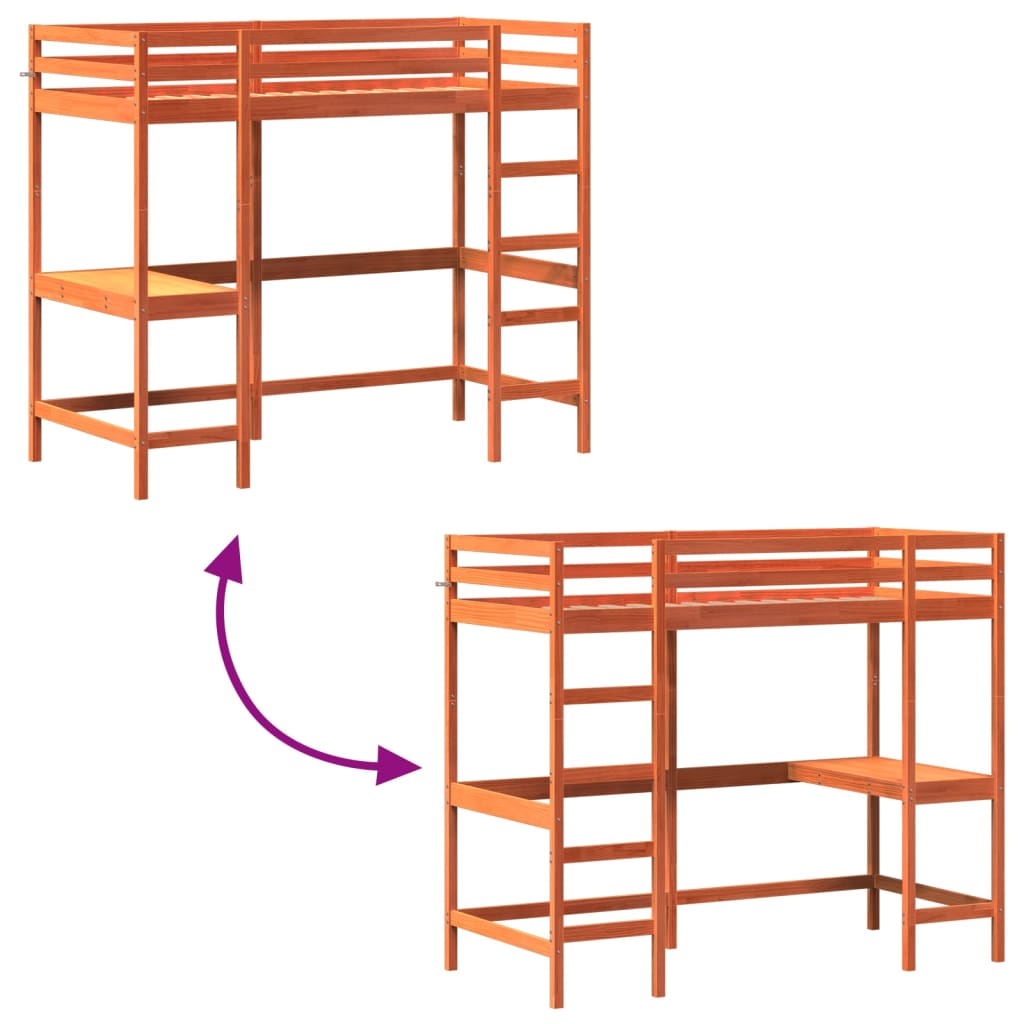 Hoogslaper met bureau massief grenenhout wasbruin 90x200 cm 90 x 200 cm Bruin