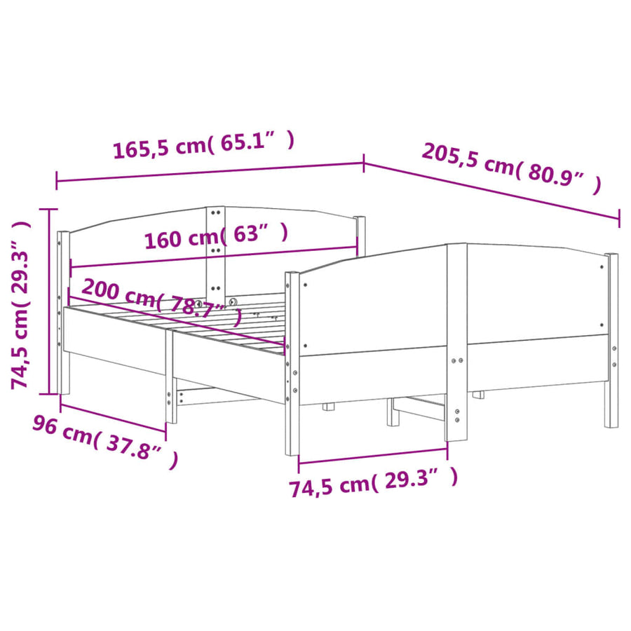 Bedframe met hoofdbord massief grenenhout wit 160x200 cm