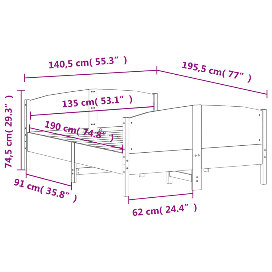 Bedframe met hoofdbord massief grenenhout wasbruin 135x190 cm 135 x 190 cm Bruin